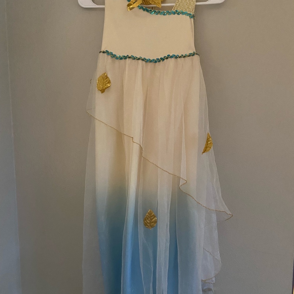 Ethereal Blue and Gold Dance Costume with Flowing Layers